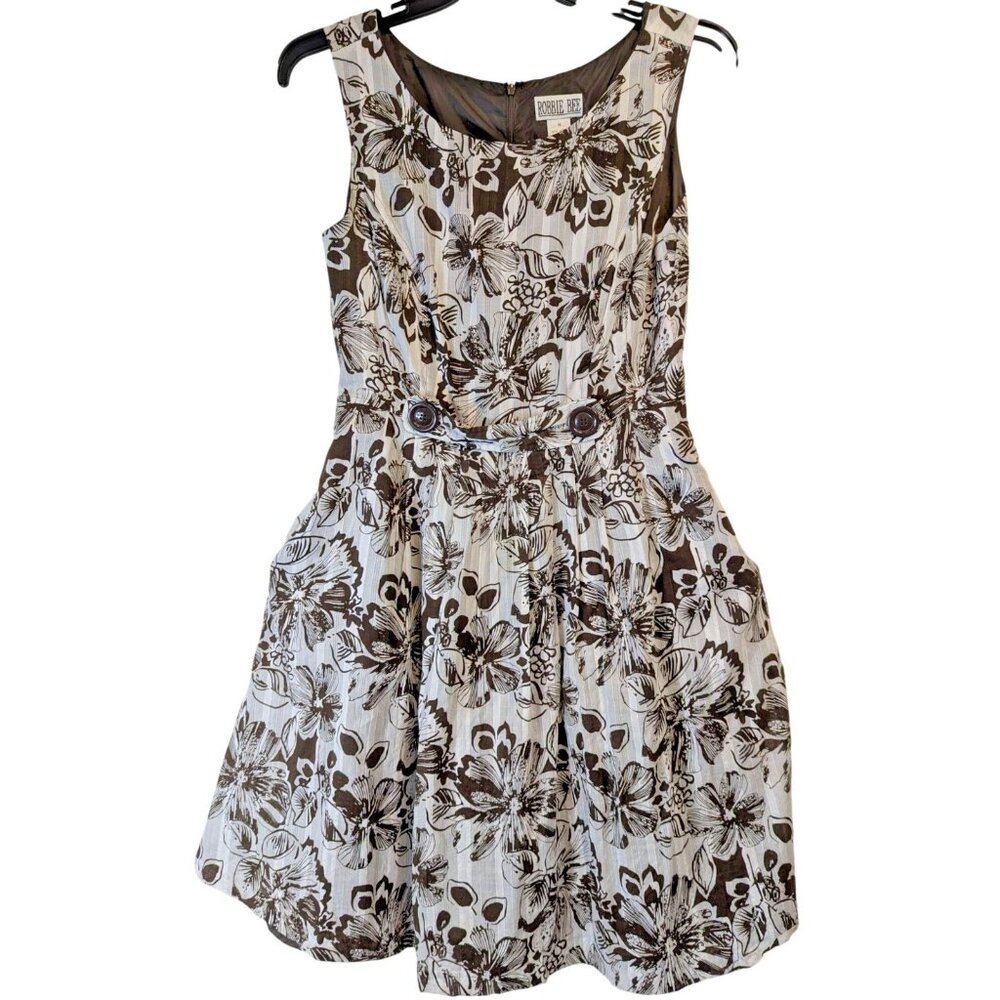 Robbie Bee Womens 14 Sleeveless Floral Cotton Dress Brown White Lined Summer Zip